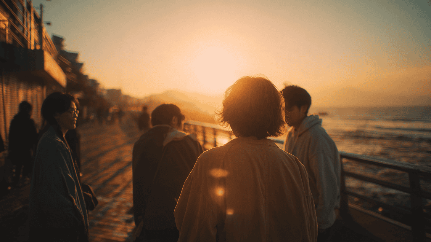 Friends laughing together on a seaside promenade near Enoshima at sunset, Japanese words for love among friends