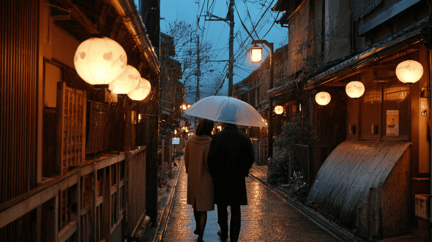 Two people sharing one umbrella on a rainy Kyoto lane, the image behind the Japanese love words aiaigasa