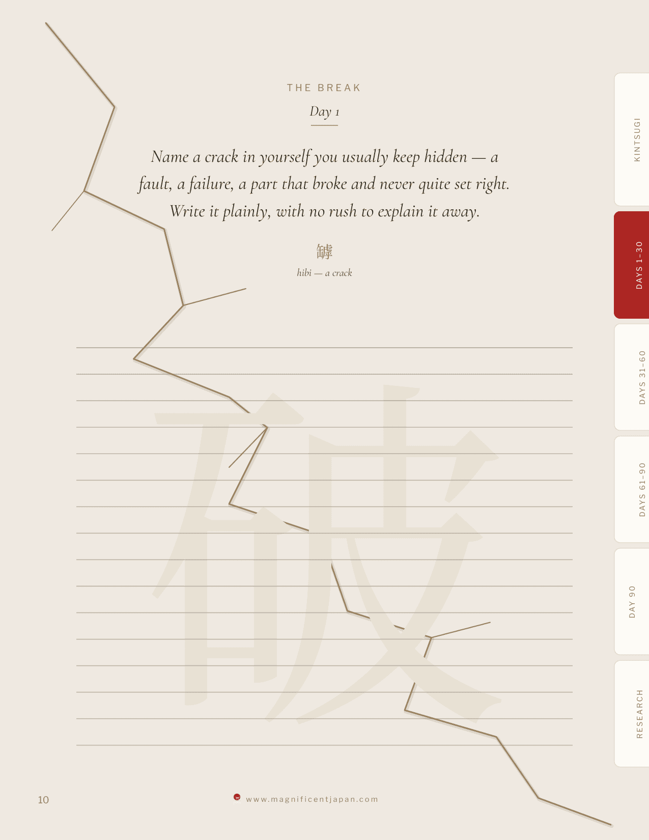 A daily prompt page from the kintsugi journal, with writing space