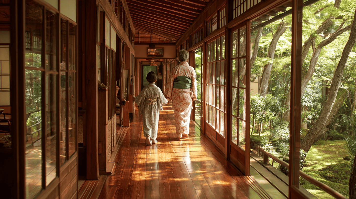 An older woman and her granddaughter in yukata walking hand in hand along a polished timber corridor open to a sunlit moss and maple garden at a historic country inn, sliding paper screens pulled wide