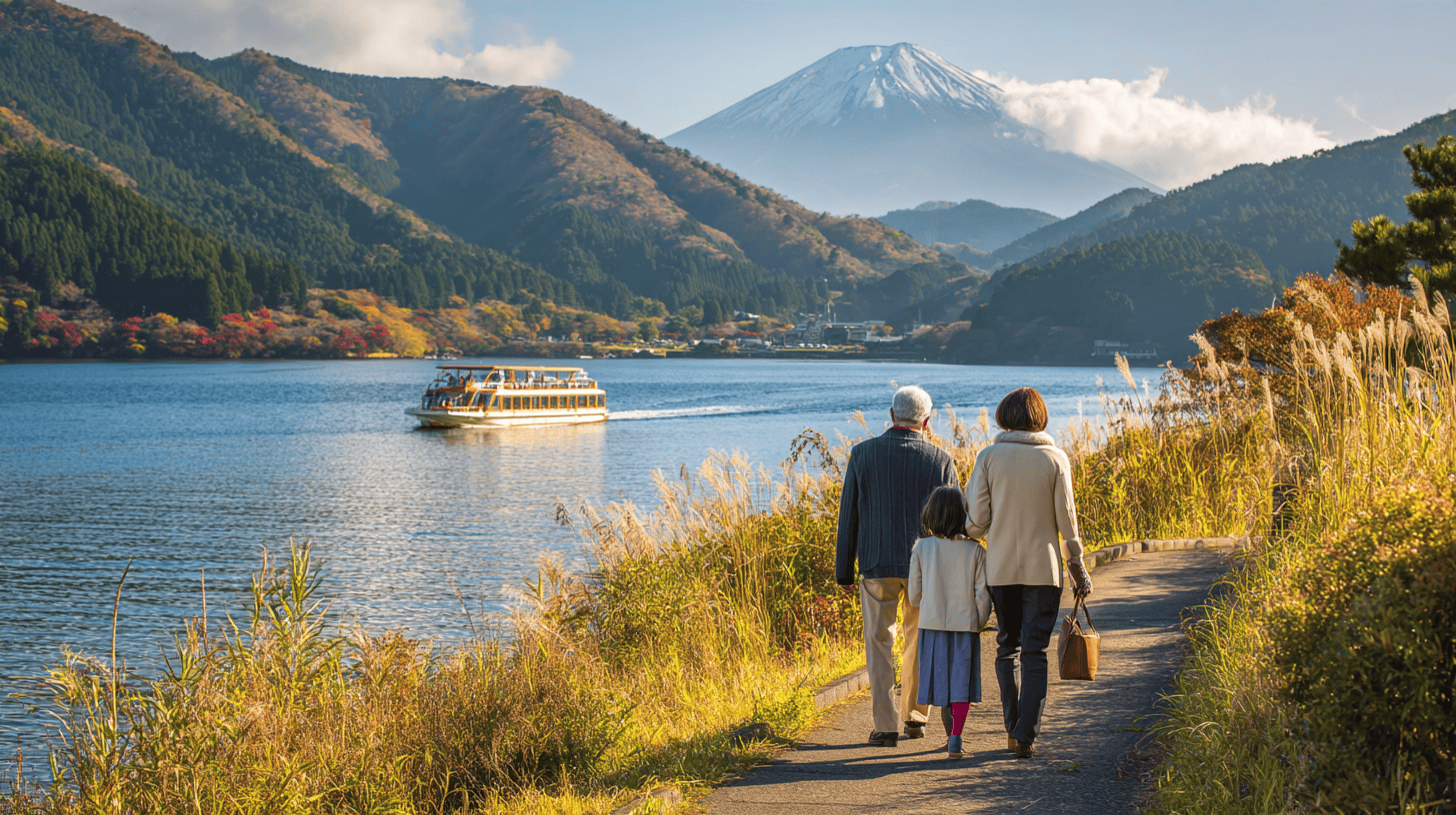 A family walking a lakeside path in Hakone as a sightseeing boat crosses below Mount Fuji
