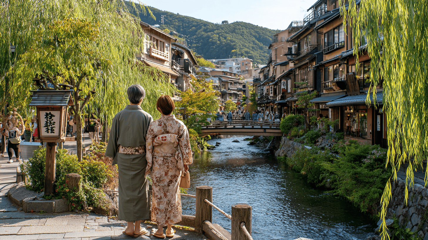 Guests in muted patterned yukata and wooden geta strolling across a stone bridge over a willow-lined canal in a hot-spring town, a young couple ahead and an older pair behind them