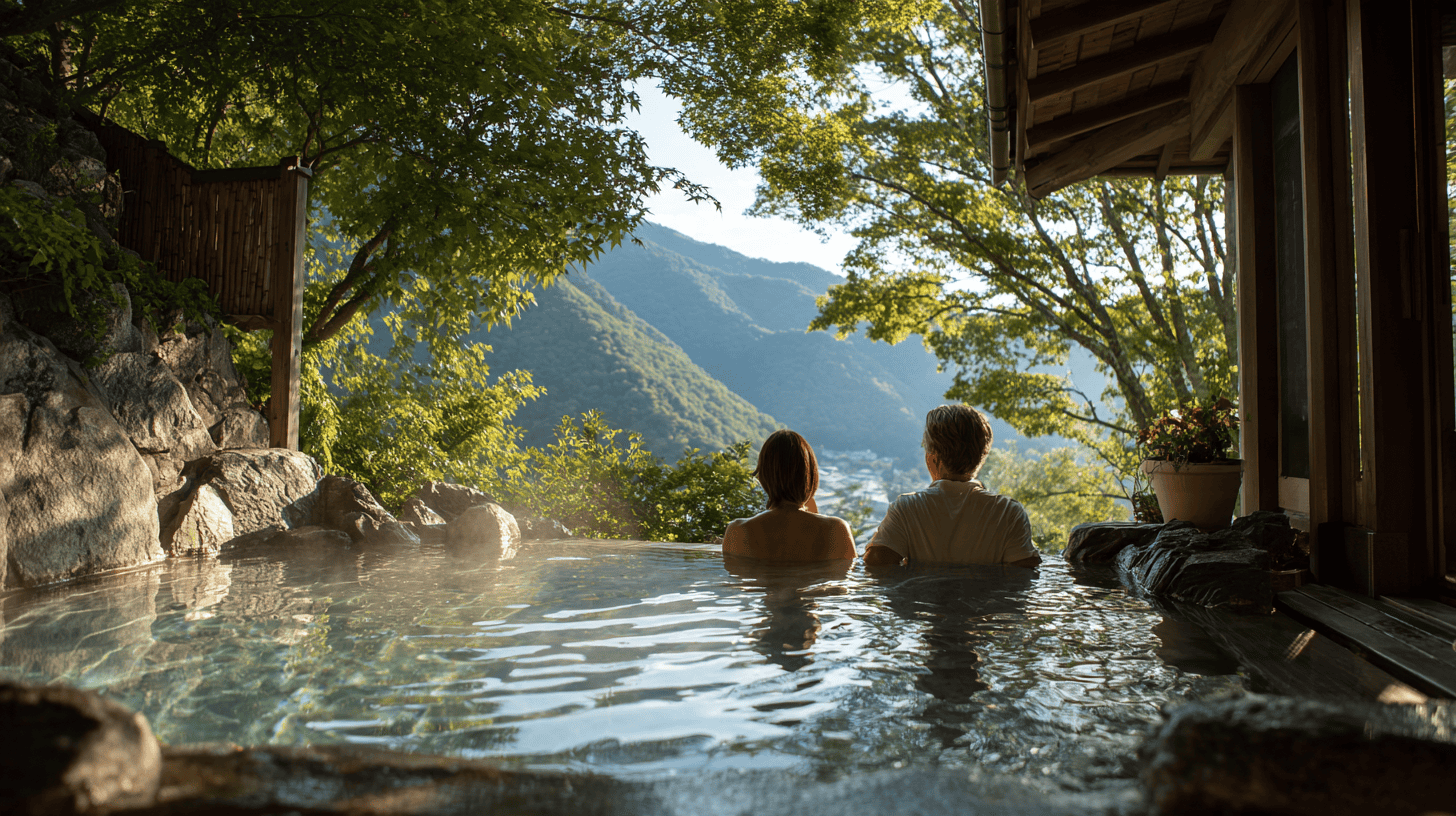 A couple relaxing in a private open-air cedar bath on an inn terrace overlooking a green mountain valley