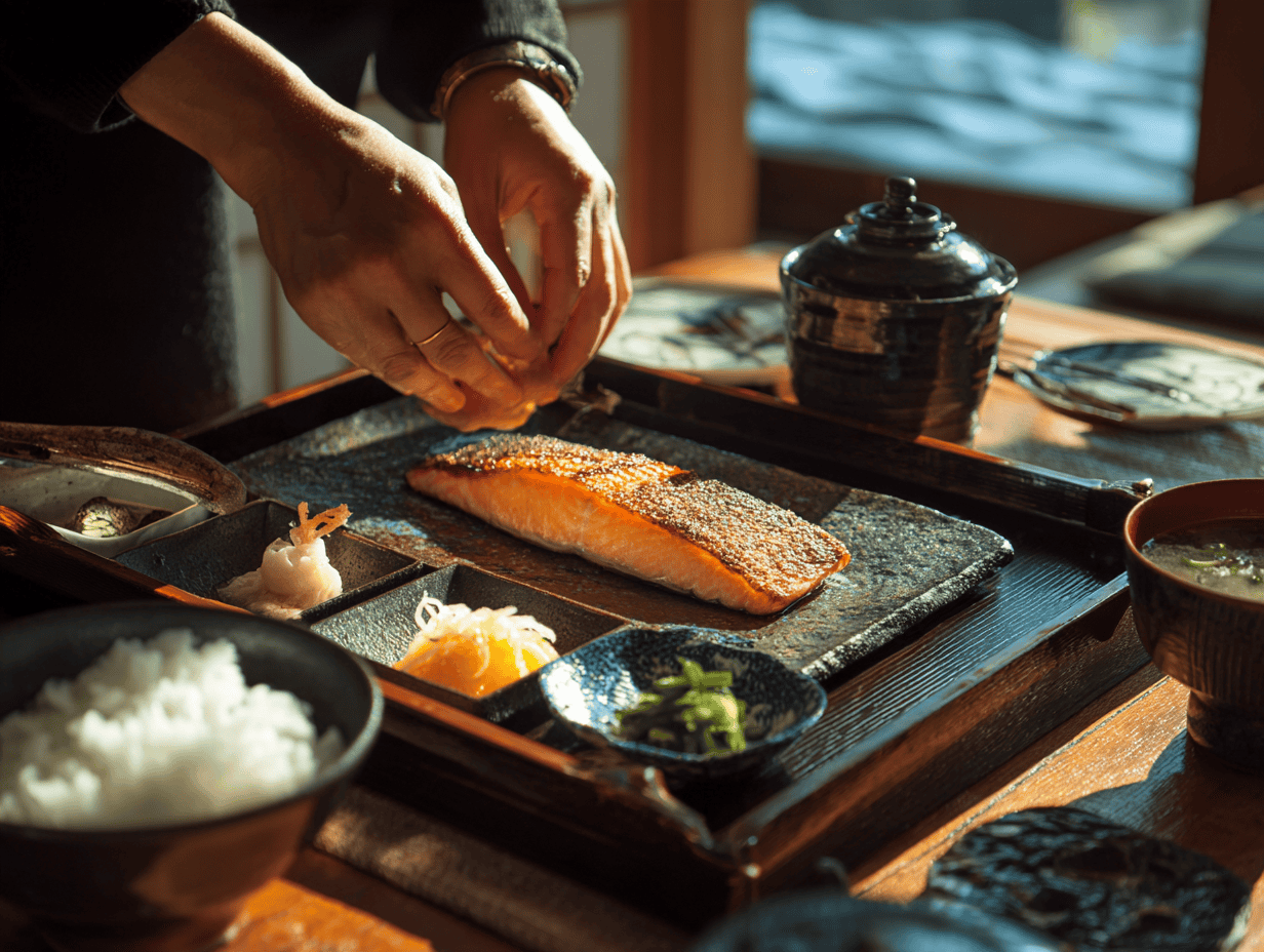 Hands setting a fillet of salt-grilled salmon onto a lacquered ryokan breakfast tray beside rice and miso soup