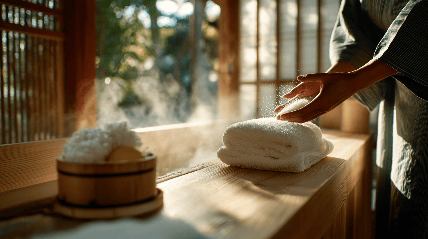 The Japan luxury travel market in one ryokan scene: a woman's hands scattering bath salts into a steaming hinoki wood tub, a man in a yukata opening a sliding screen to a sunny garden