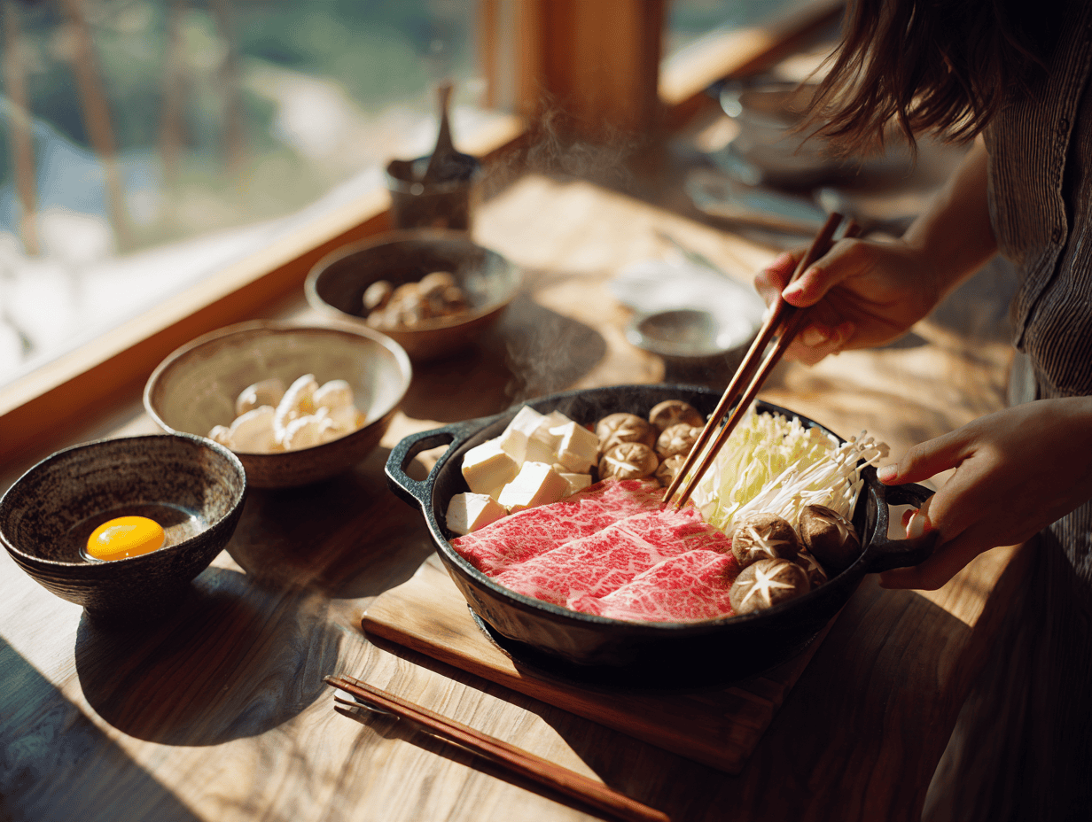 Hands lifting a slice of marbled wagyu with chopsticks from a shallow cast iron sukiyaki pot of tofu, napa cabbage and mushrooms
