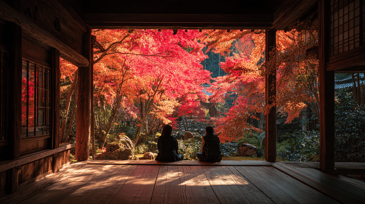 Two visitors on a sunlit temple veranda in Kyoto framed by red autumn maples
