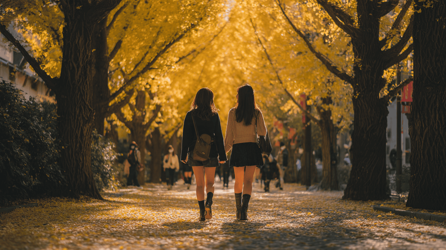 Two friends walking under golden ginkgo trees on a Tokyo avenue in autumn