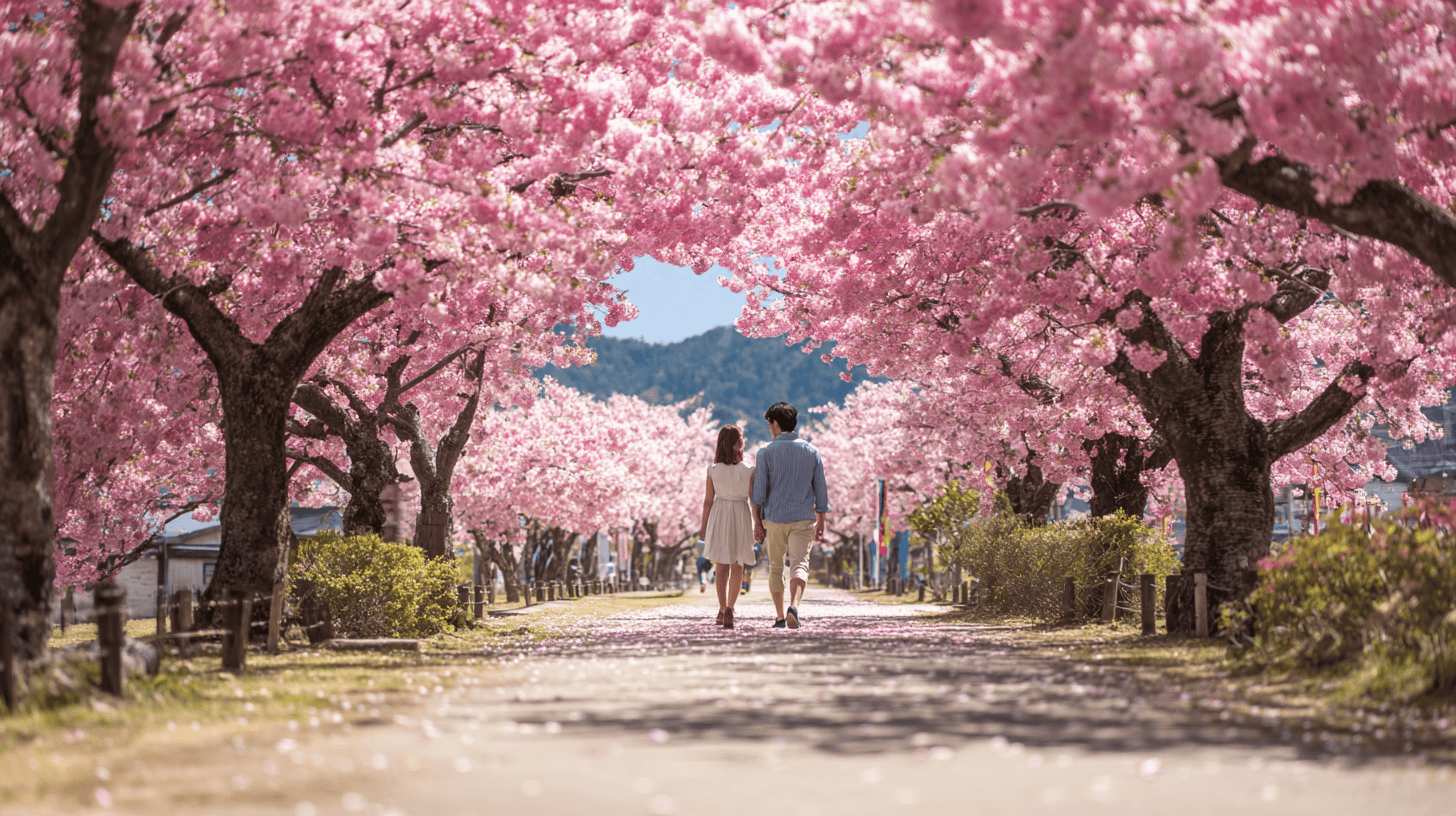 A couple walking hand in hand under an avenue of trees in full bloom, the classic image of mono no aware cherry blossoms