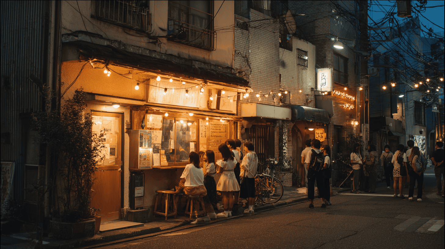 People chatting outside a small cinema on an old Tokyo street at evening