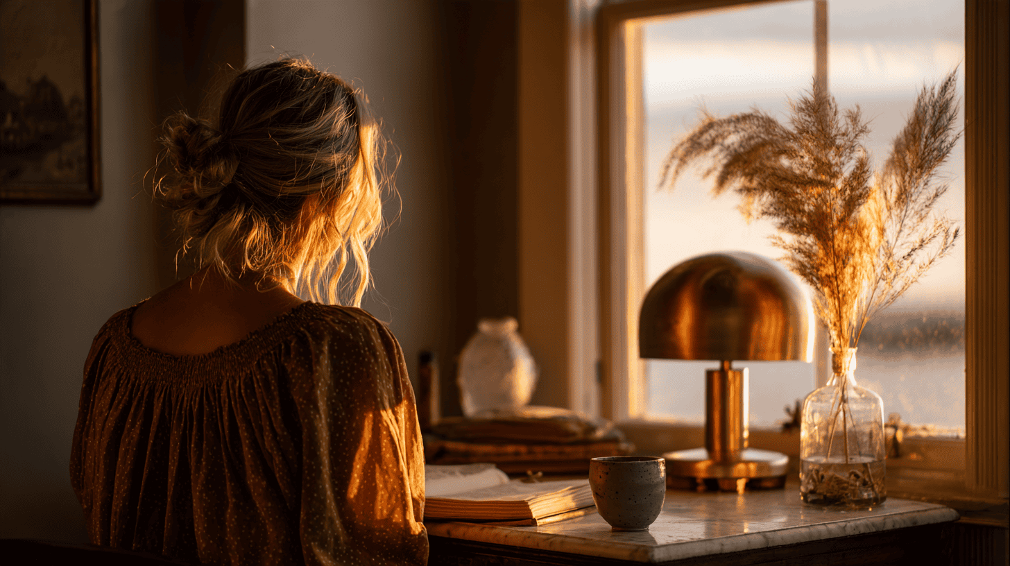 A woman switching on a desk lamp at golden hour beside her journal, how to practice mono no aware through evening journaling