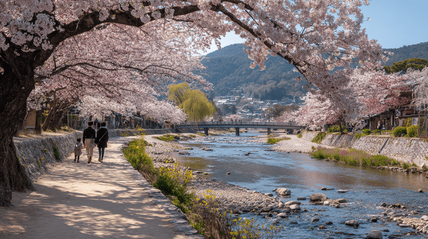 A family strolling beside a Kyoto river lined with cherry trees in full bloom, one of the best-loved mono no aware examples