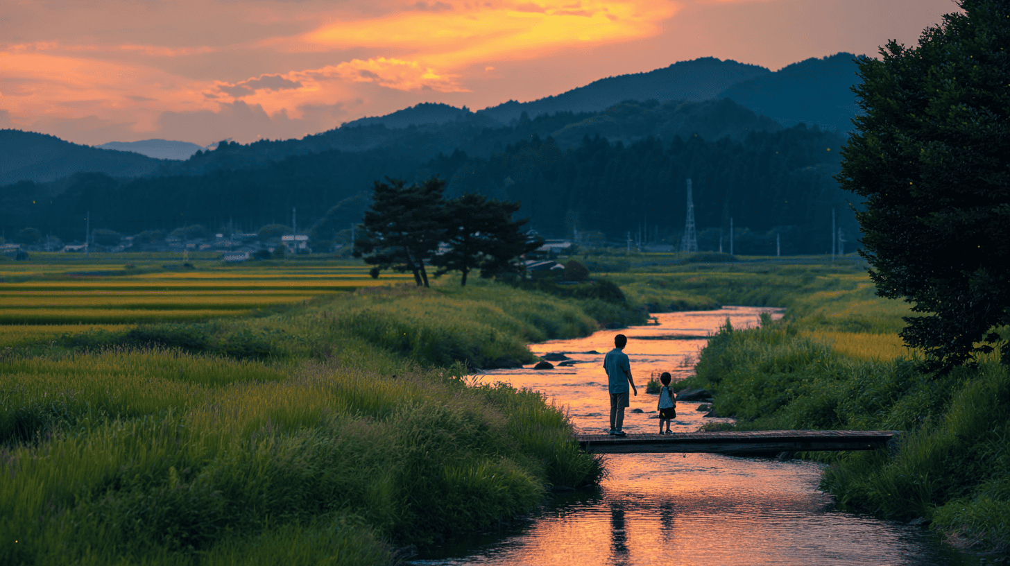 A father and child watching fireflies over a rice field at dusk, one of summer's mono no aware examples