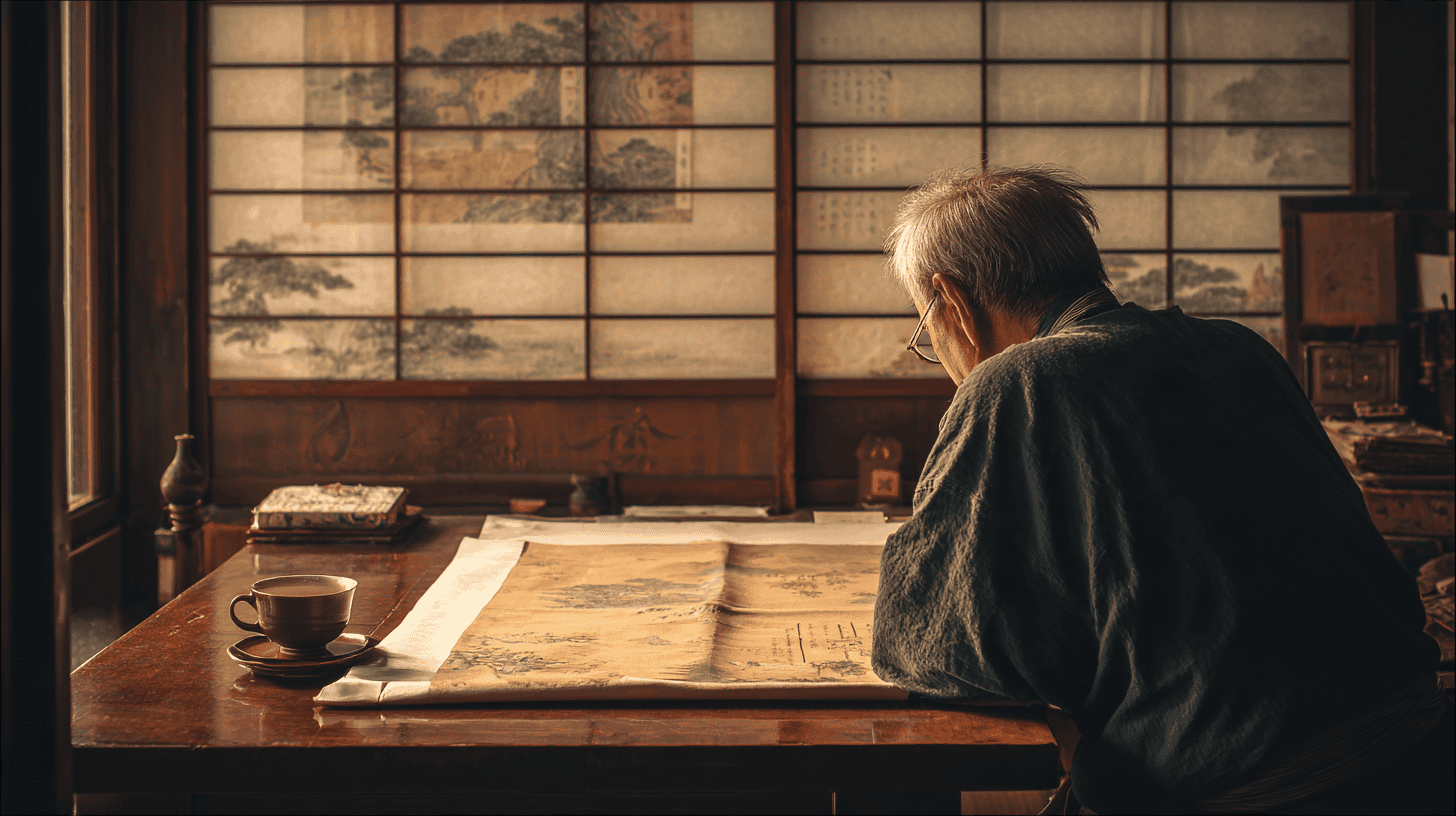 An older man reading an illustrated picture scroll with a cup of tea, a study of mono no aware in The Tale of Genji