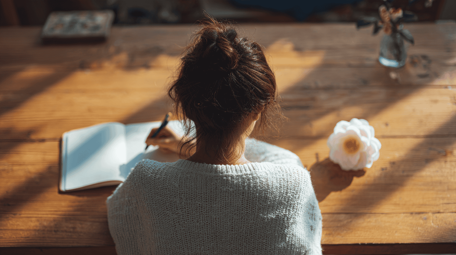 A young woman writing in a notebook beside a fallen camellia, drafting a mono no aware haiku