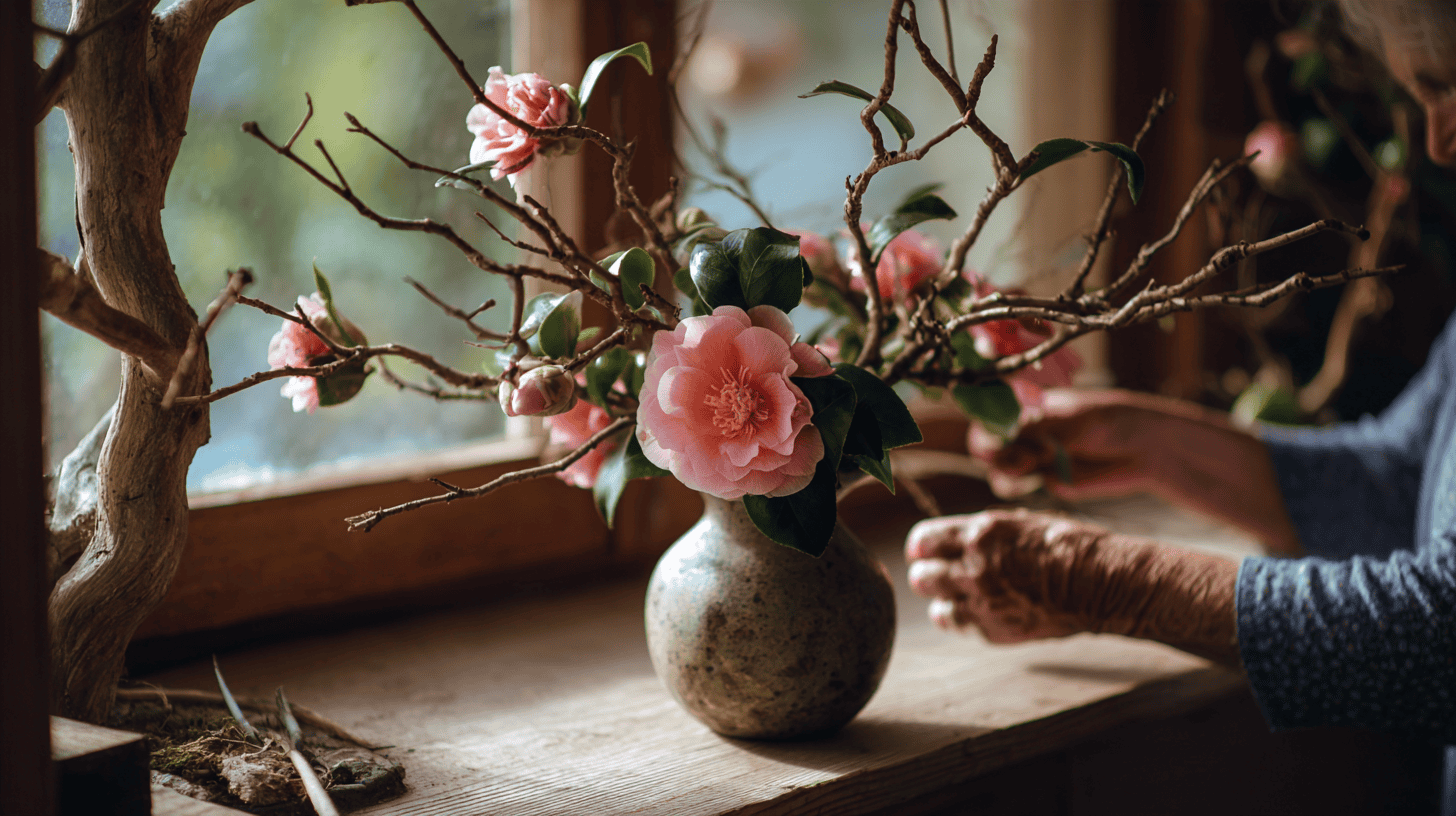 An older woman's hands placing a camellia in a rustic ikebana vase, pairing mono no aware and wabi-sabi