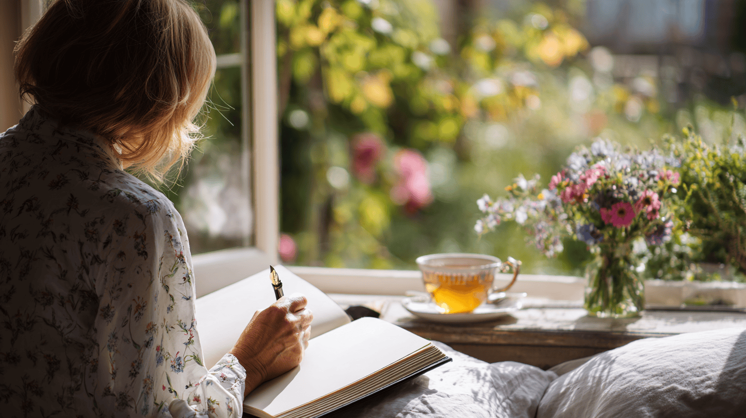 A woman writing in a journal on a sunny window seat