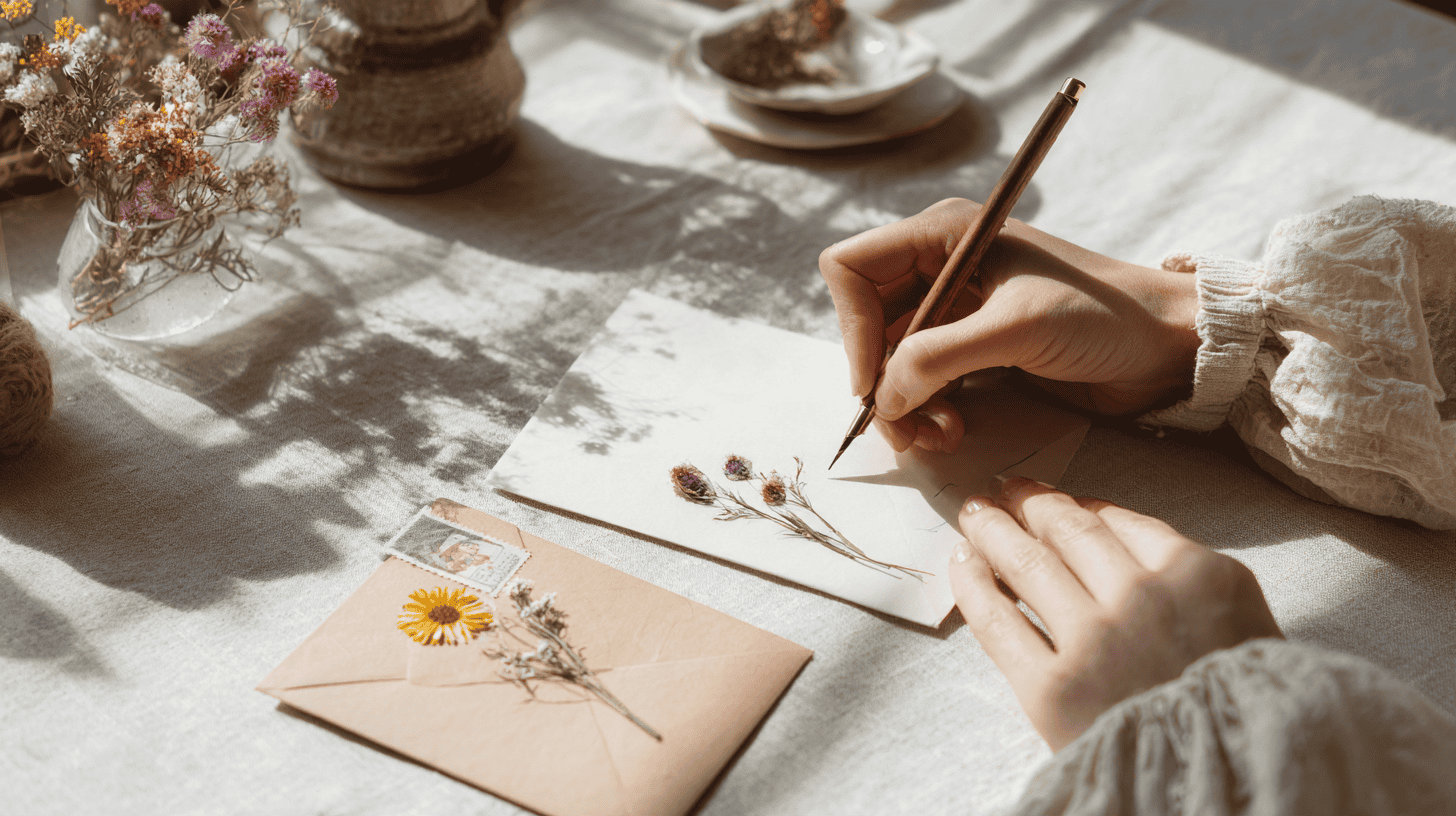 Hands writing a letter on washi with a pressed flower, one way how to practice mono no aware with someone you love