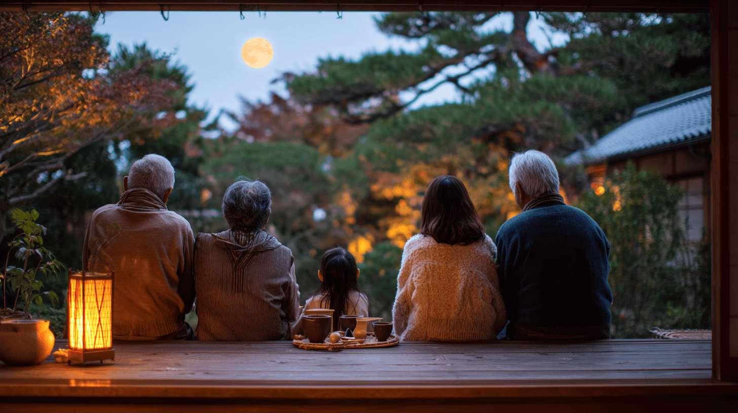 Friends on a veranda at moon viewing with tea and dango, sharing an evening of mono no aware