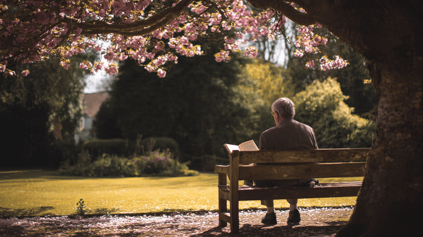 An older man with a notebook on a park bench under a leafing cherry tree, learning how to practice mono no aware on a weekly walk