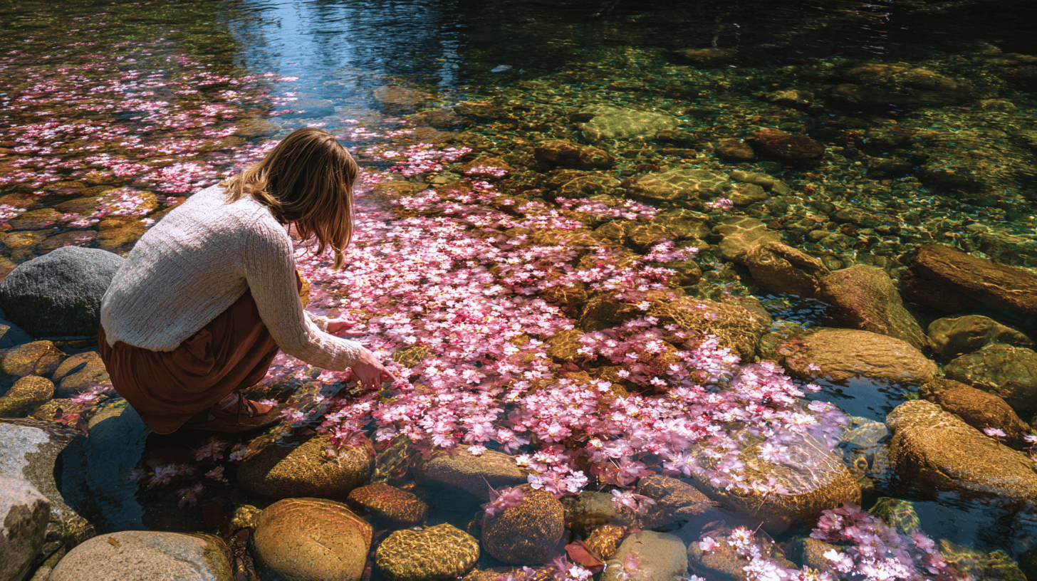 A young woman trailing her fingers through cherry petals on a clear stream, the feeling side of mono no aware vs wabi sabi