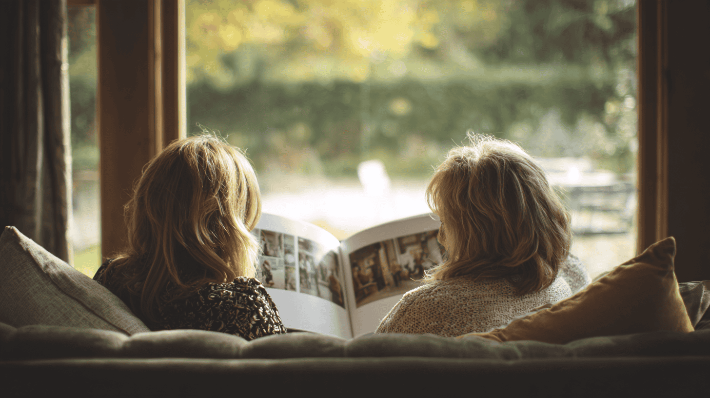 Two sisters looking through a family photo album together on a sofa