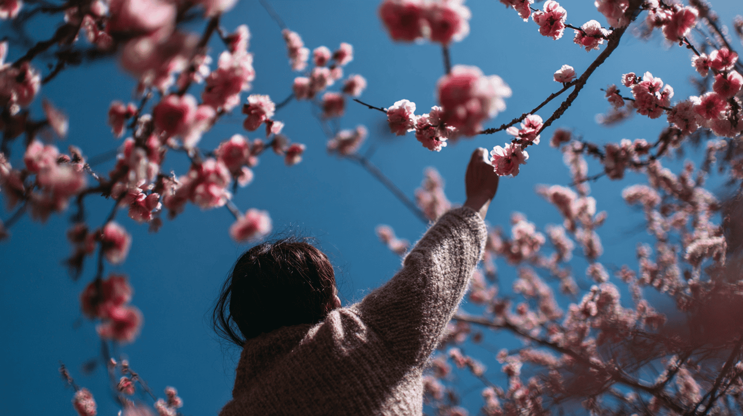 A woman reaching up to plum blossoms against a clear late-winter sky, among the classical mono no aware examples