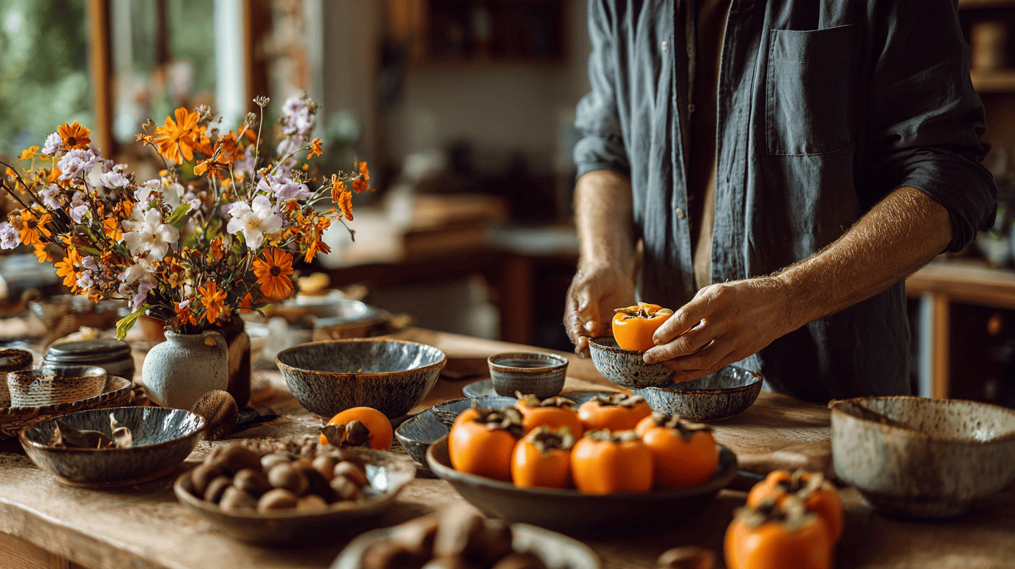 Hands peeling a persimmon at a sunny kitchen table with chestnuts and autumn flowers