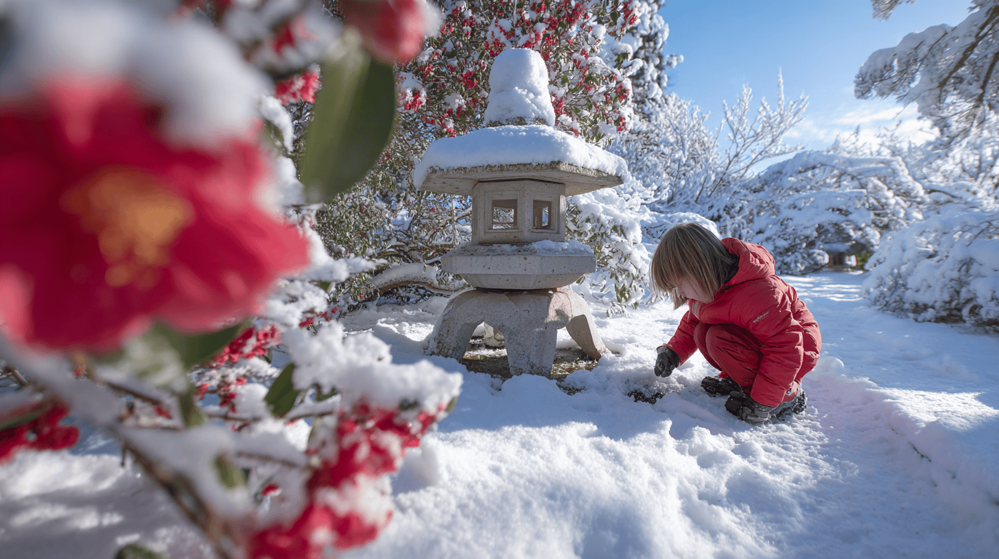 A child in a red coat playing in a snowy Japanese garden beside red camellias