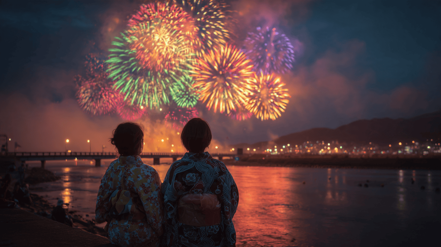People in yukata watching summer fireworks bloom over a river in Japan