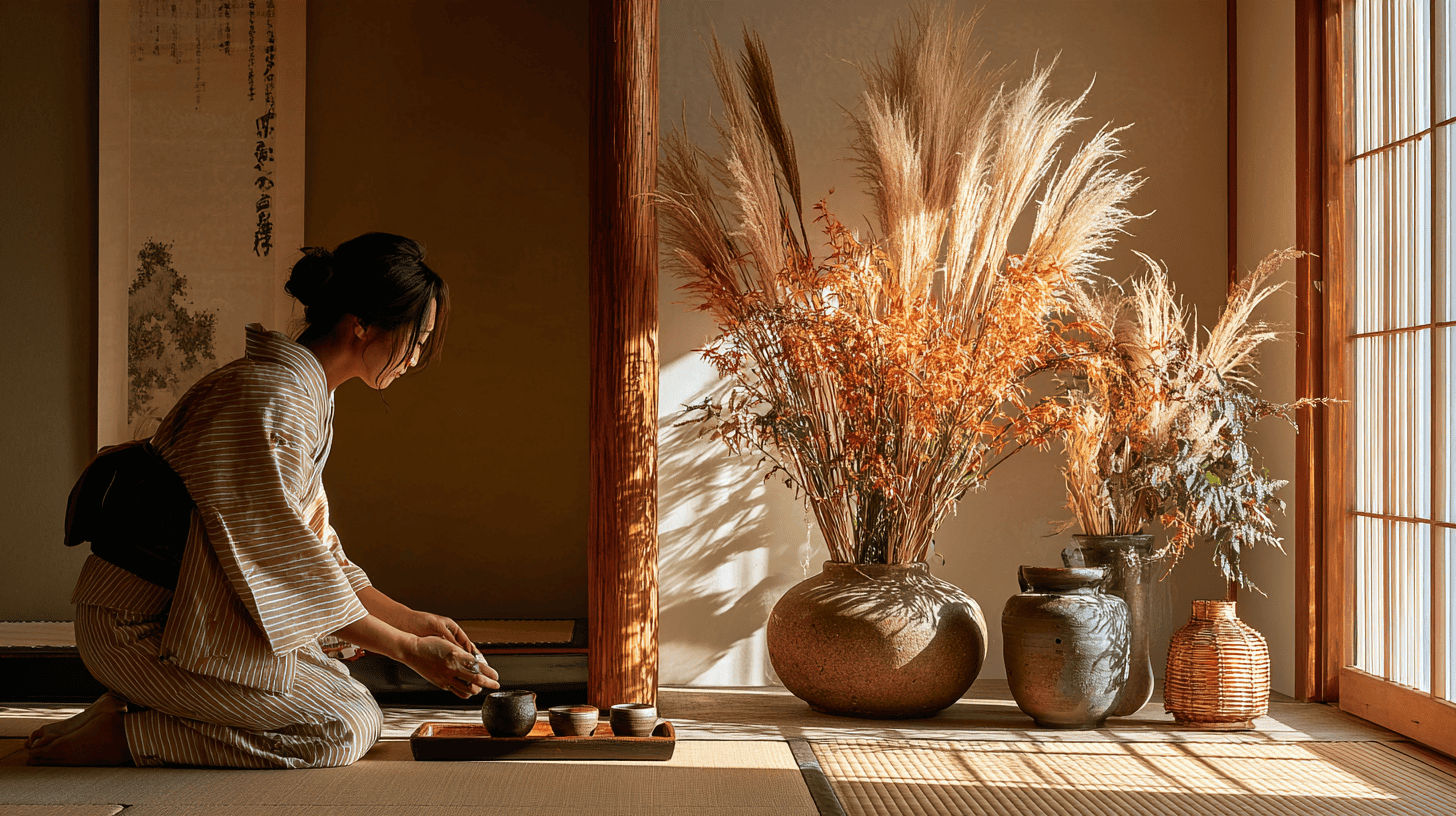 A woman in kimono setting out tea in a sunlit tea room with autumn grasses, in the spirit of mono no aware