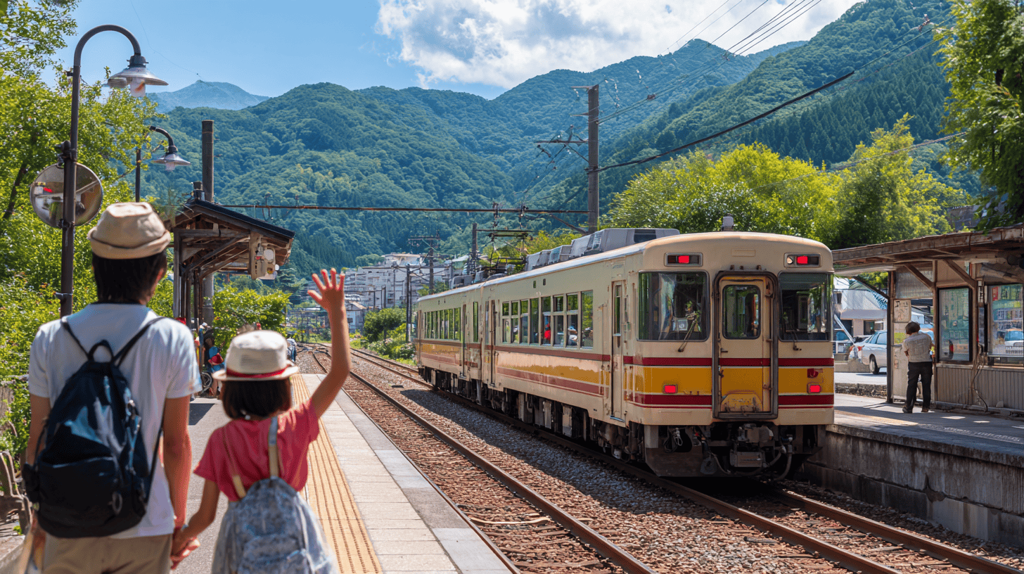 Family waving on a rural platform as a local train arrives, a scene from everyday mono no aware examples