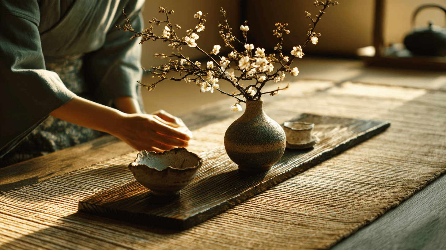 Hands arranging a blossoming branch beside an irregular tea bowl, mono no aware vs wabi sabi in one scene