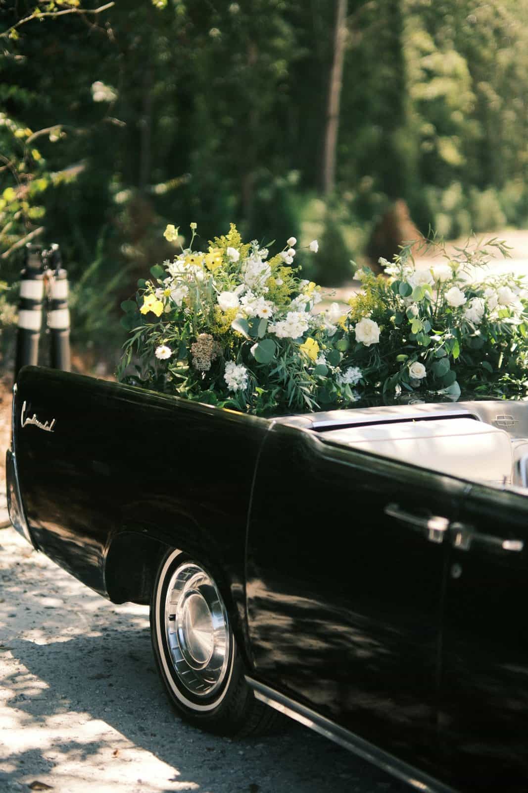 A black vintage convertible heaped with white and yellow flowers on a sunlit forest road, an image of farewell