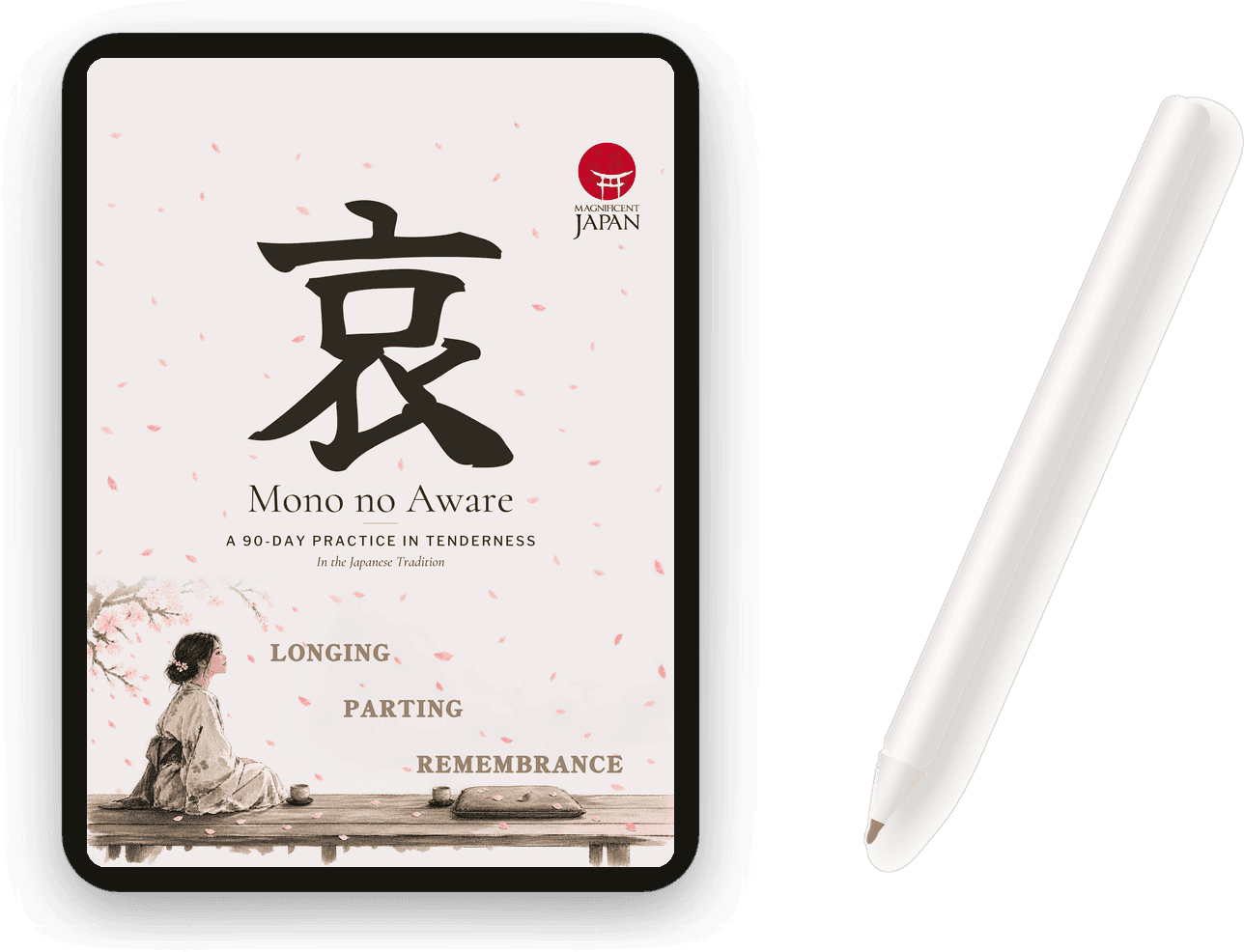 Mono no Aware: A 90-Day Practice in Tenderness, guided journal cover shown on a tablet