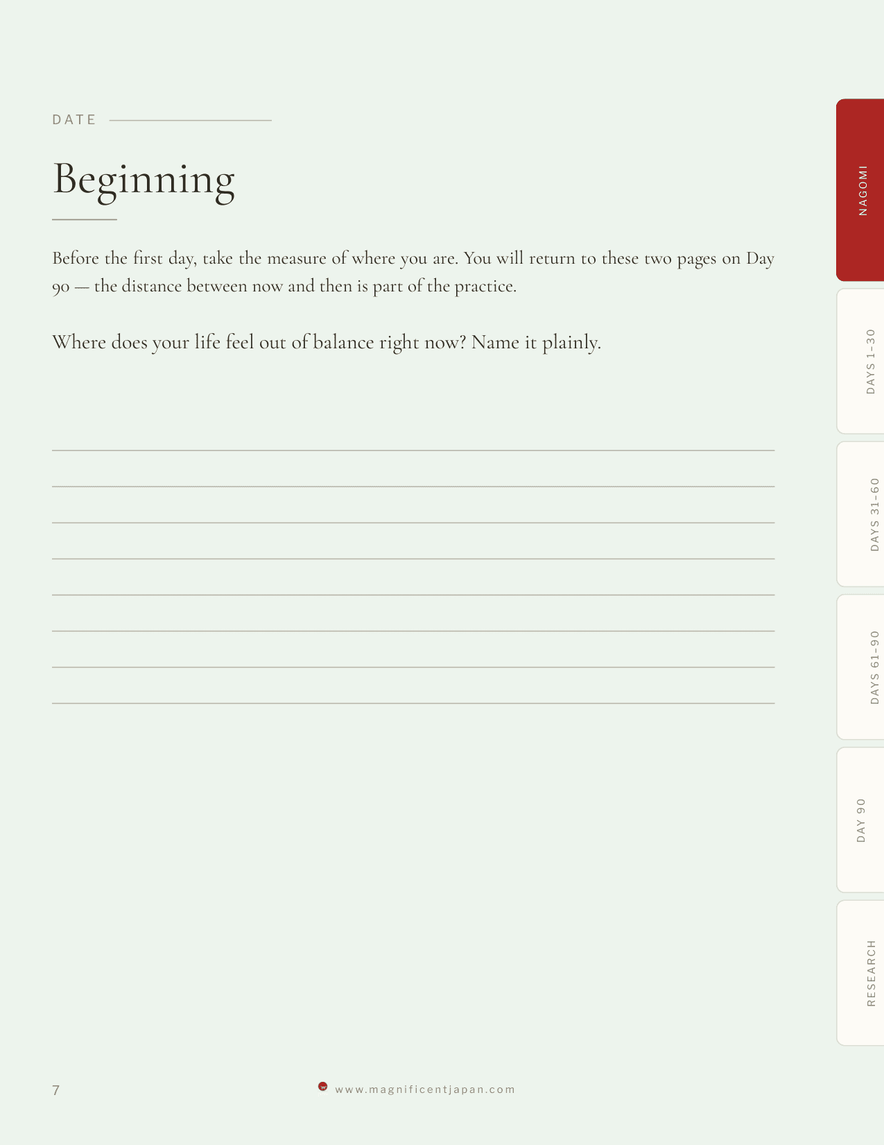 Nagomi journal Beginning page, where you name what feels out of balance