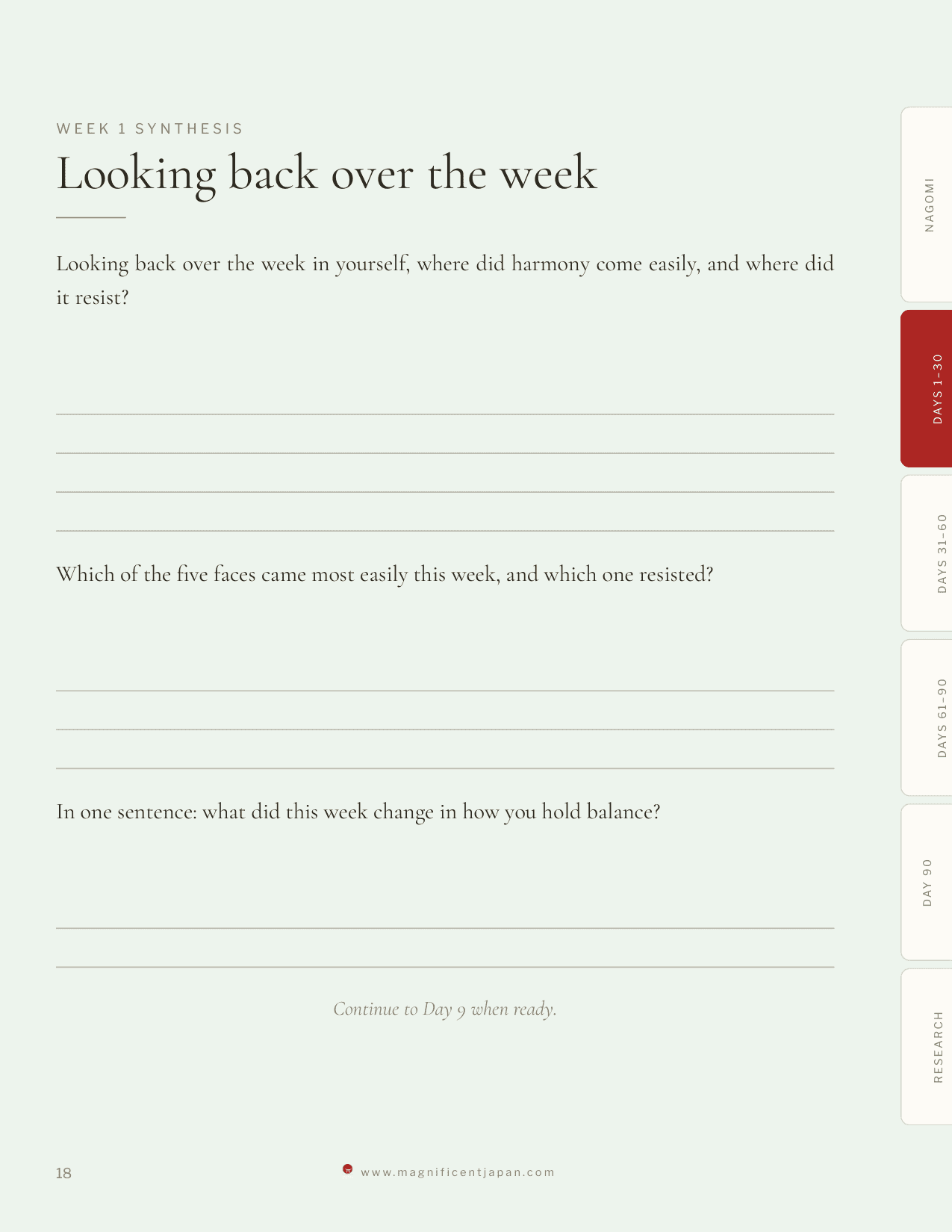 Nagomi journal Week 1 synthesis page, looking back across the week