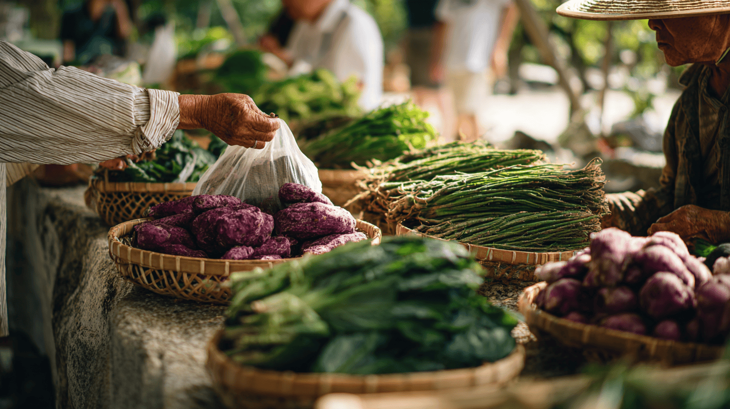 Goya, beni imo and shikuwasa at a market stall, the everyday food behind ikigai in Okinawa