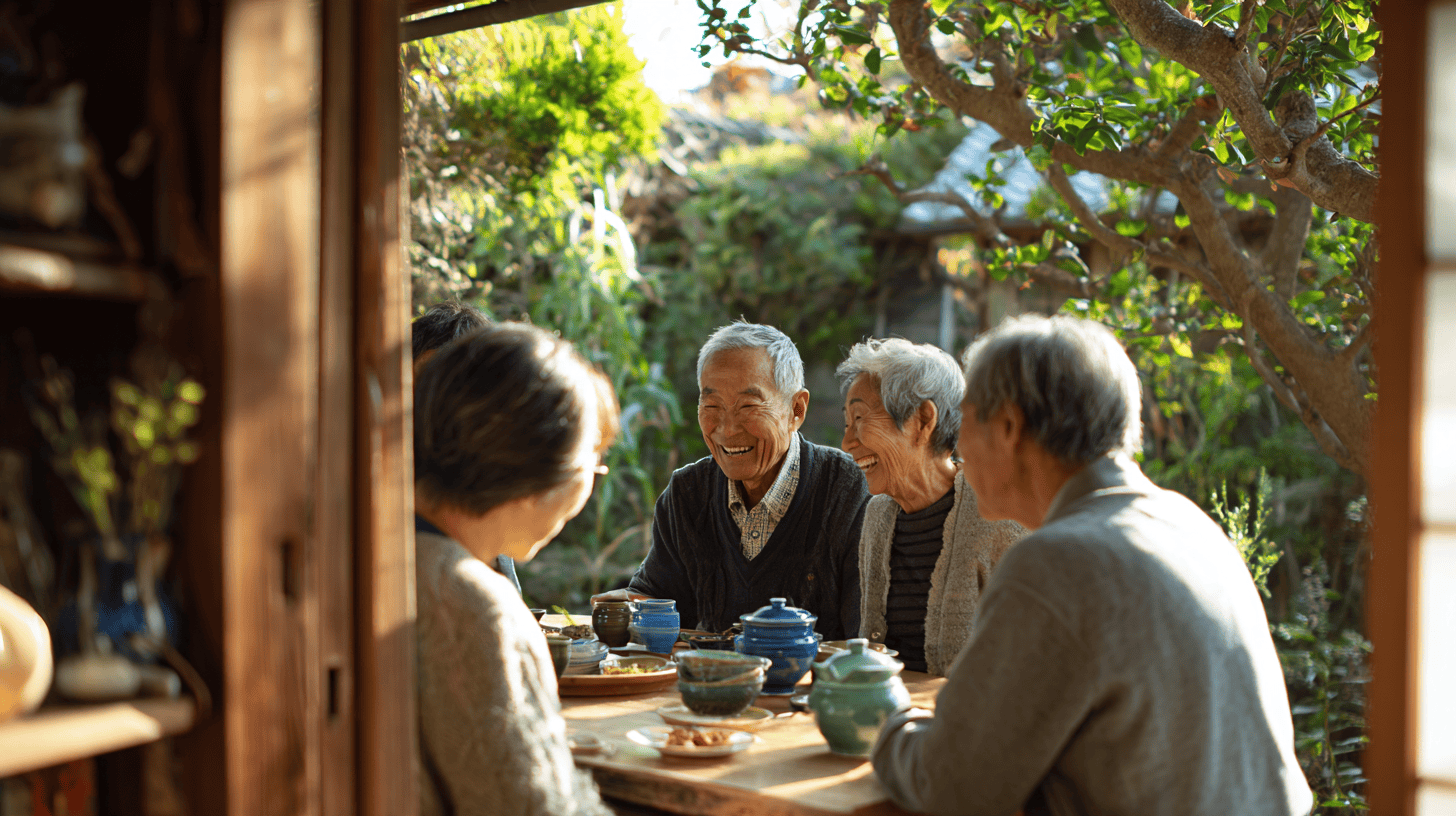 Older friends share tea and dishes around a low table, the moai side of ikigai in Okinawa