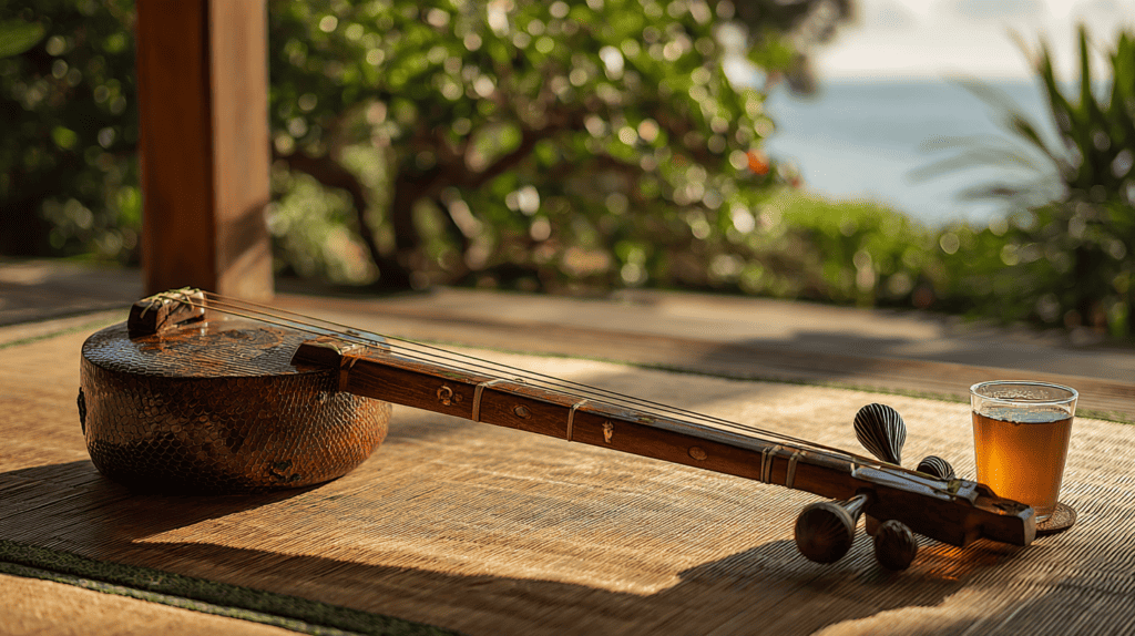 A sanshin, the three-stringed Okinawan lute, resting on a sunny wooden veranda beside a glass of tea