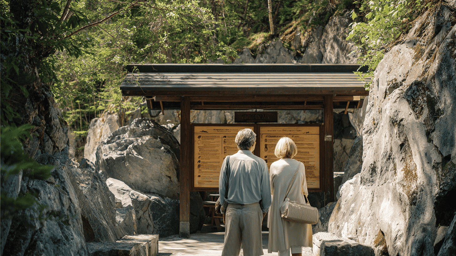 A couple in their sixties reading a wooden noticeboard of spring minerals at an open-air bathhouse entrance, a first step in judging onsen health benefits