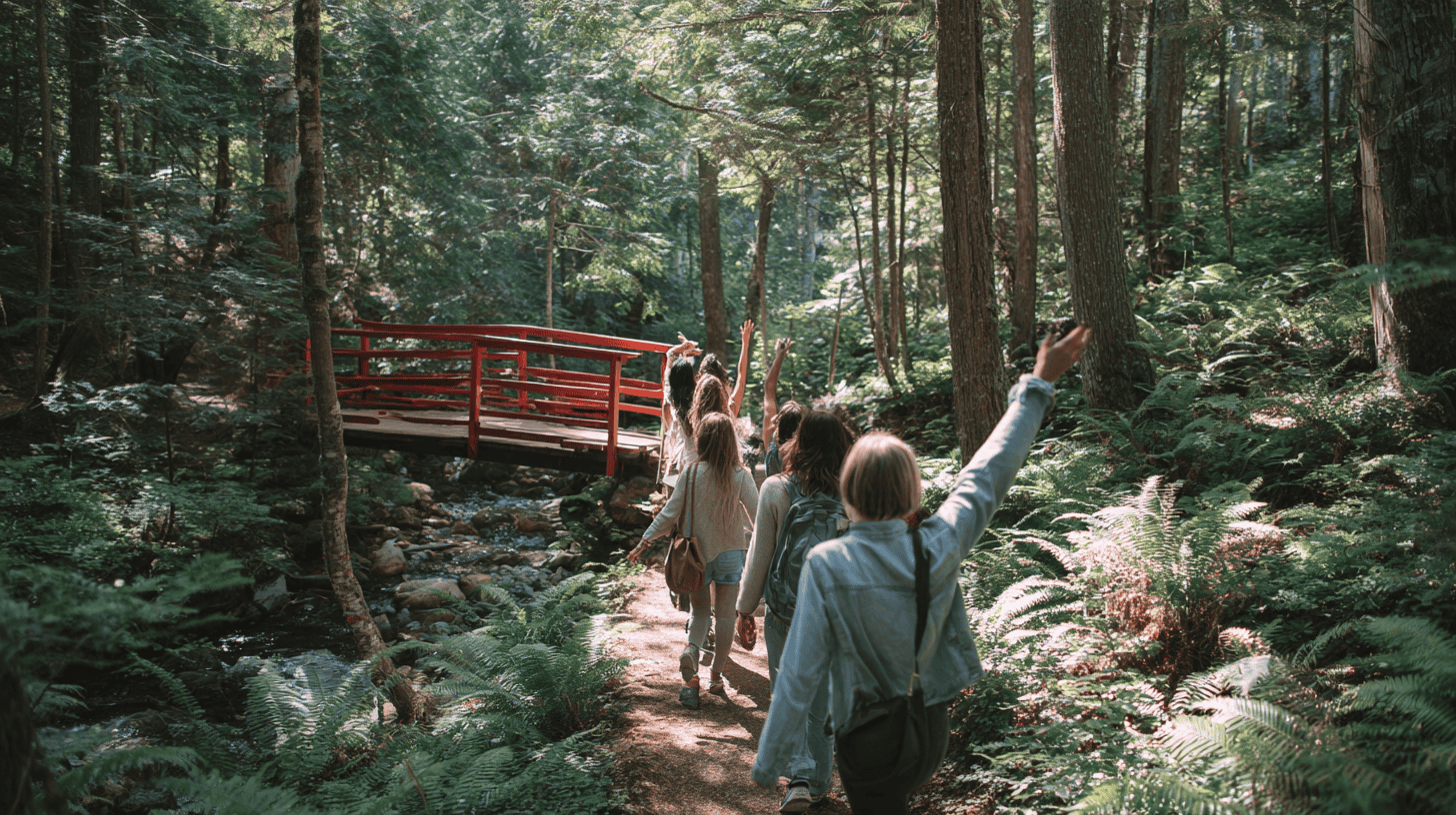 A group of friends of mixed ages walking a forest path beside a small river toward a red footbridge, tall cedars and ferns