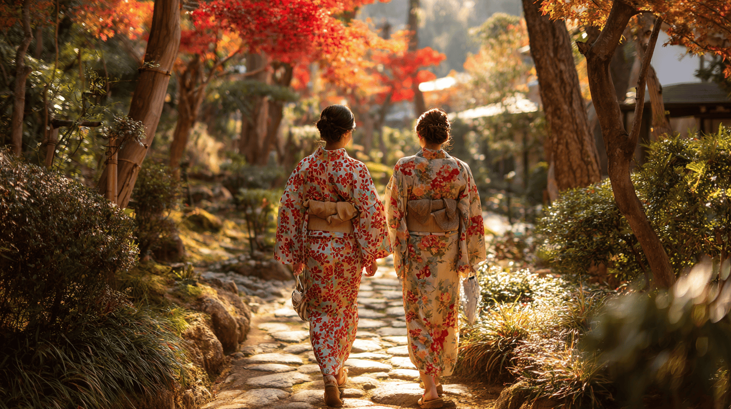 Two friends in cotton yukata walking a stone path through a sunlit autumn garden between baths, one passing a water bottle to the other