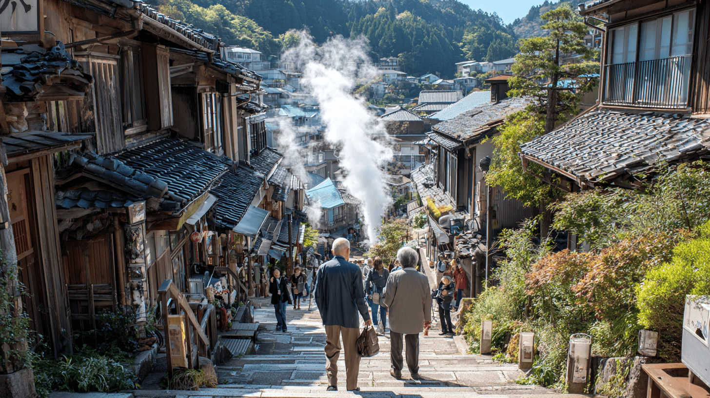 Older residents and young visitors on a steaming hot-spring town street, the daily bathing culture behind research on onsen health benefits