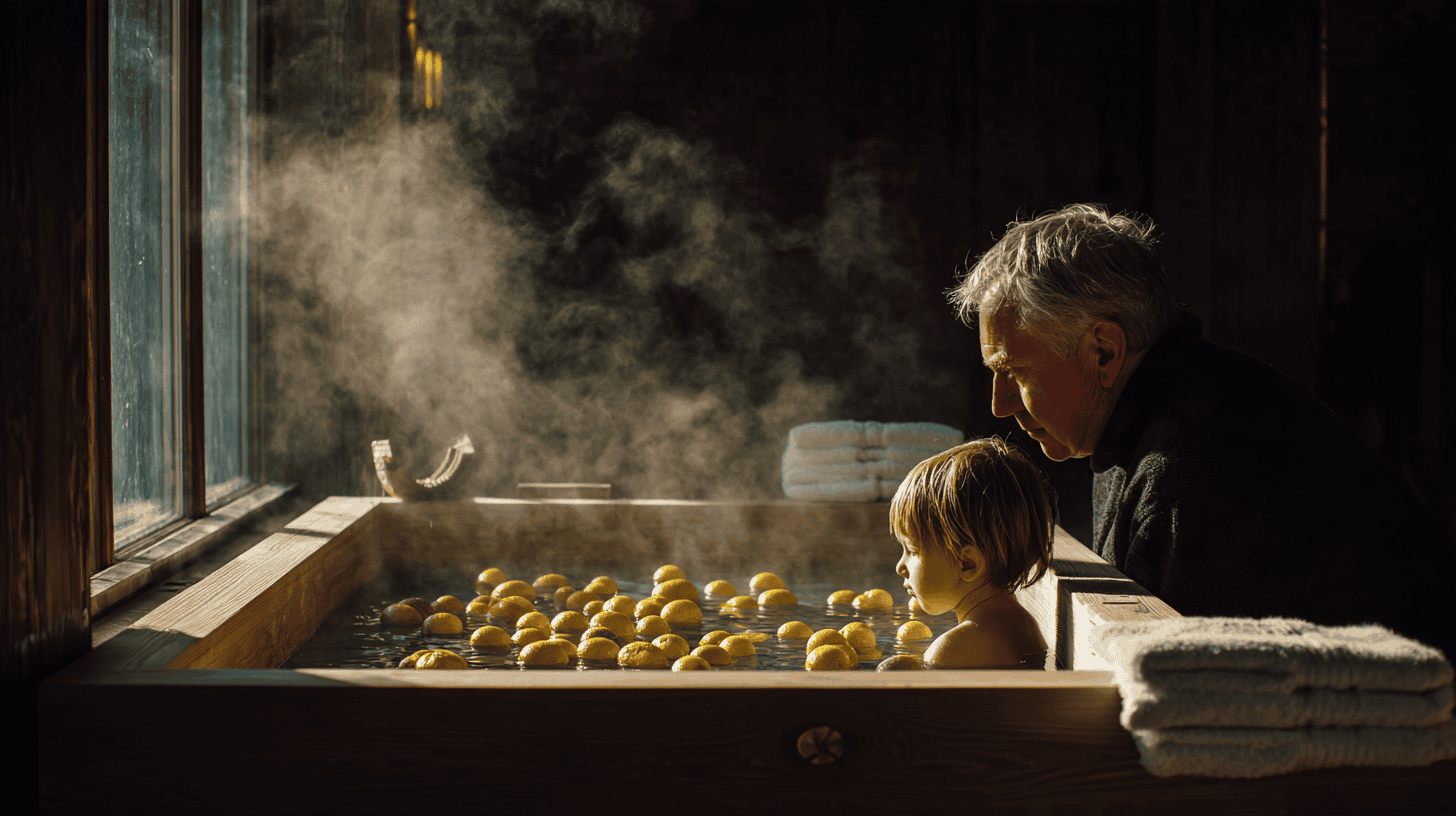 A grandfather and a young child floating whole yuzu fruit into a wooden bath, folded towels on the ledge