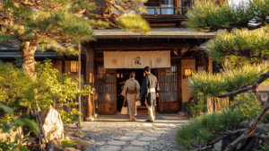 People in kimono entering a historic Japanese tea house.