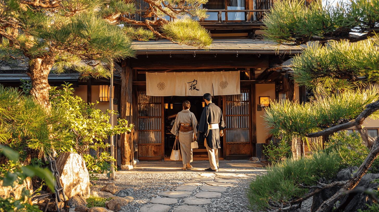 The ryokan experience: a couple in their thirties and an older father arriving at the wooden entrance of a traditional Japanese inn in late afternoon sun, a host in a kimono bowing in welcome