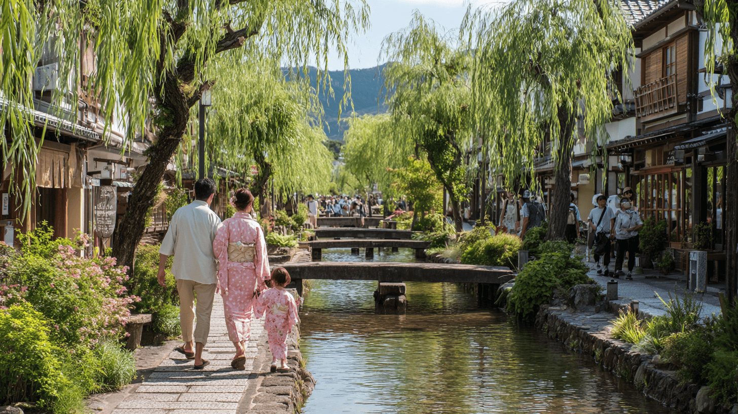 Couples and a family in cotton yukata and wooden geta strolling along a willow-lined canal in a hot spring town on a sunny afternoon, small stone bridges