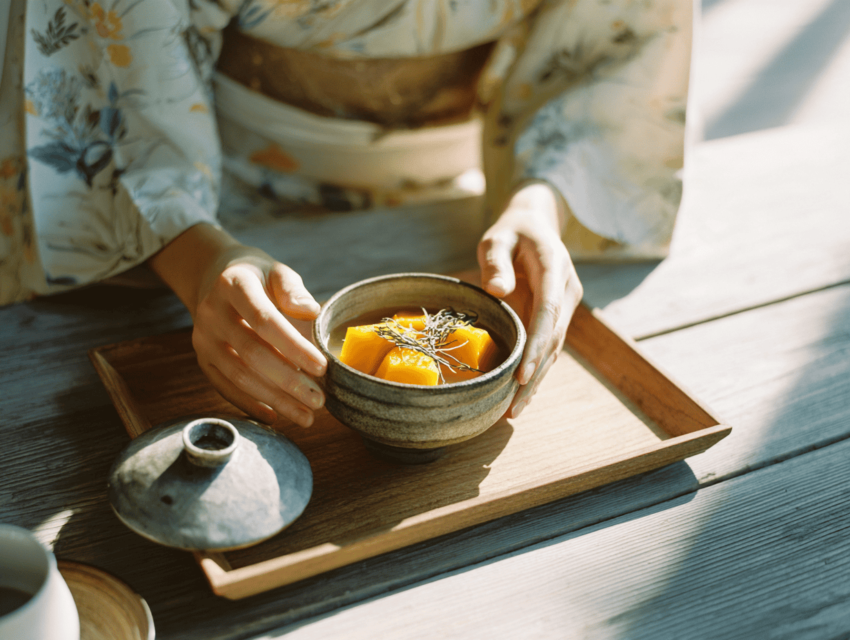 Kabocha no nimono, simmered kabocha squash in a light golden dashi broth in a small lidded ceramic bowl on a wooden tray, threads of fresh ginger on top