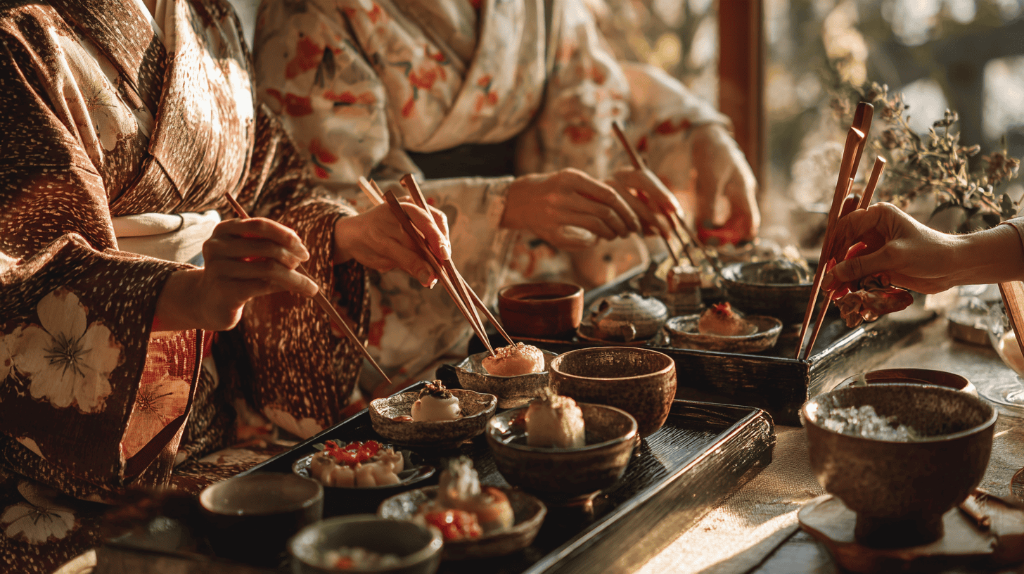 Kaiseki dinner as part of the ryokan experience: friends of mixed ages and genders in cotton yukata reaching with chopsticks toward a lacquered tray of many small seasonal kaiseki dishes at a low table, a server setting down a ceramic bowl